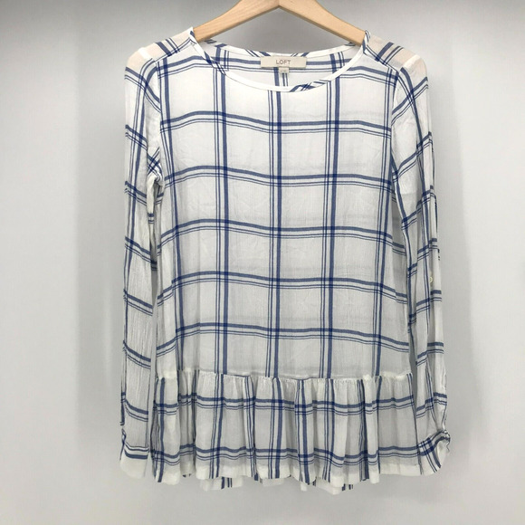 LOFT Tops - LOFT Top Womens XS Blue White Plaid Peplum Roll Tab Long Sleeve Round Neck